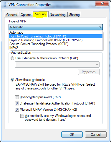 Set VPN type to PPTP
